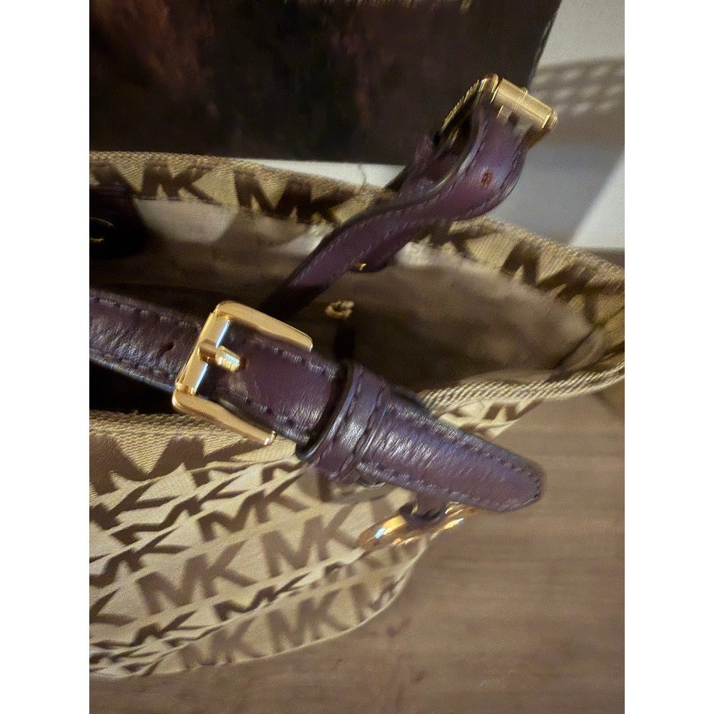 MICHAEL KORS Signature MK Monogram Canvas Leather‎ Trim Bucket Bag Tote Purse - Picture 3 of 8